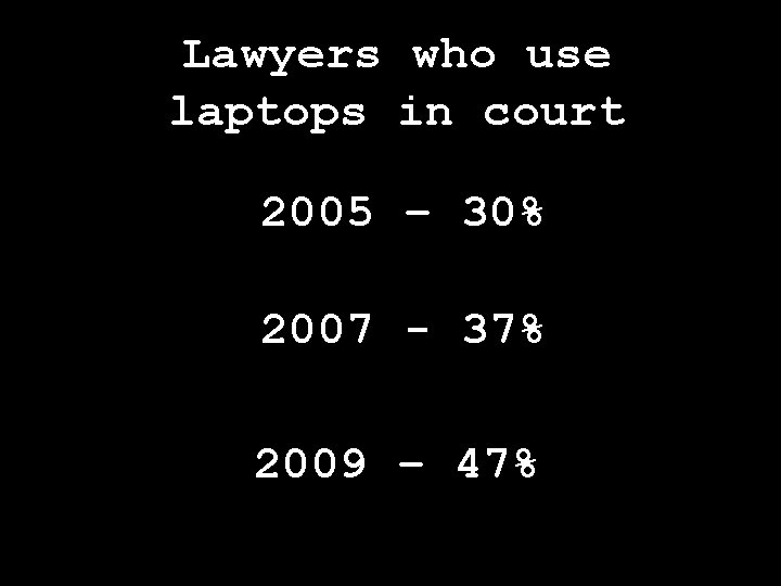Lawyers who use laptops in court 1983 2005 – 30% 2007 - 37% 2009