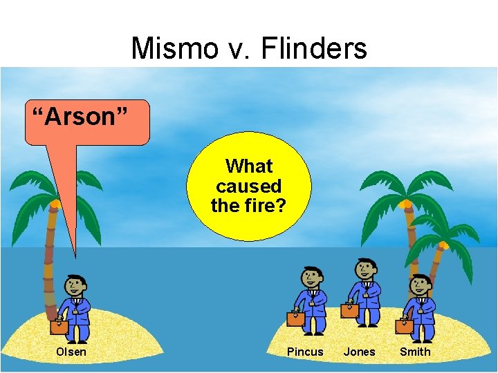 Mismo v. Flinders “Arson” What caused the fire? Olsen Pincus Jones Smith 
