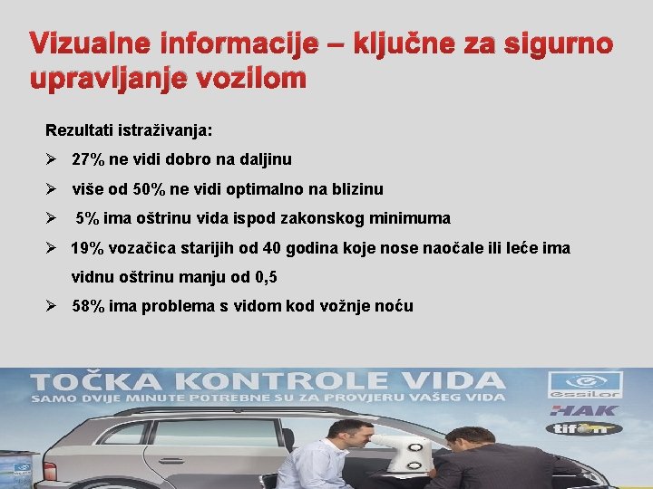 Vizualne informacije – ključne za sigurno upravljanje vozilom Rezultati istraživanja: Ø 27% ne vidi