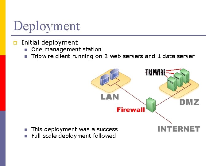 Deployment p Initial deployment n n One management station Tripwire client running on 2