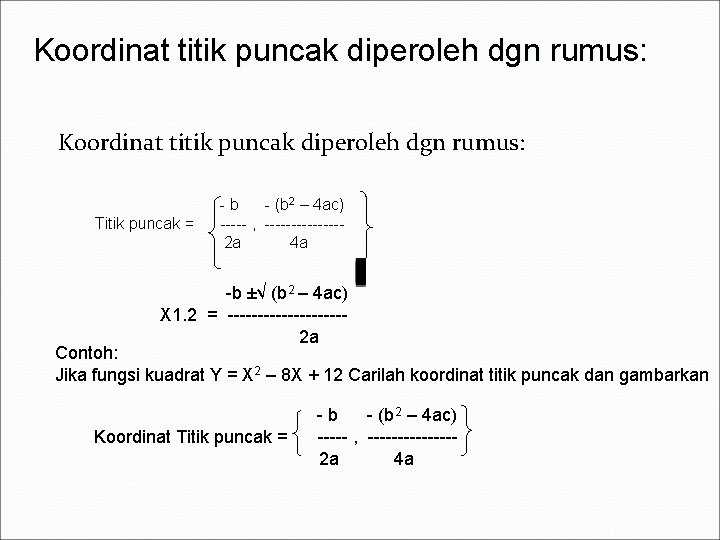 Koordinat titik puncak diperoleh dgn rumus: Titik puncak = -b - (b 2 –