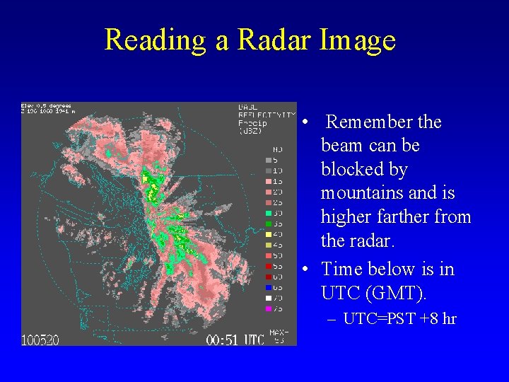 Reading a Radar Image • Remember the beam can be blocked by mountains and