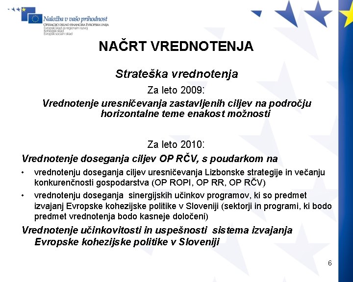 NAČRT VREDNOTENJA Strateška vrednotenja Za leto 2009: Vrednotenje uresničevanja zastavljenih ciljev na področju horizontalne