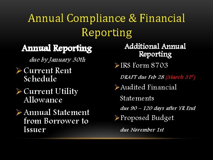 Annual Compliance & Financial Reporting Annual Reporting due by January 30 th Ø Current