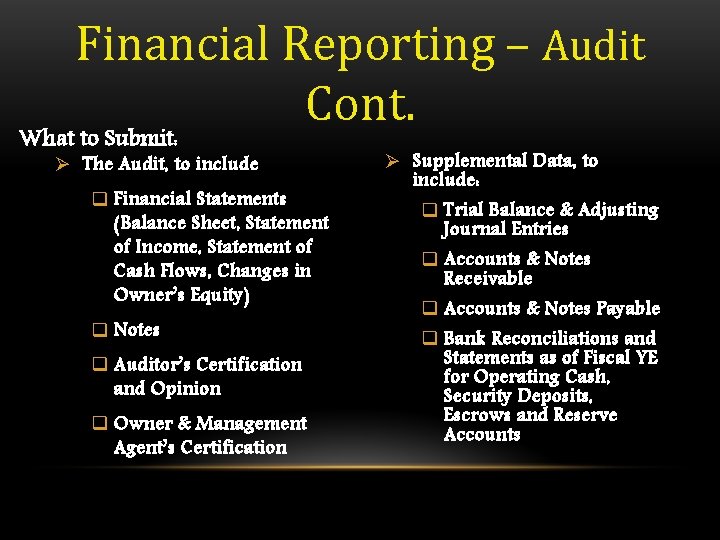 Financial Reporting – Audit Cont. What to Submit: Ø The Audit, to include q