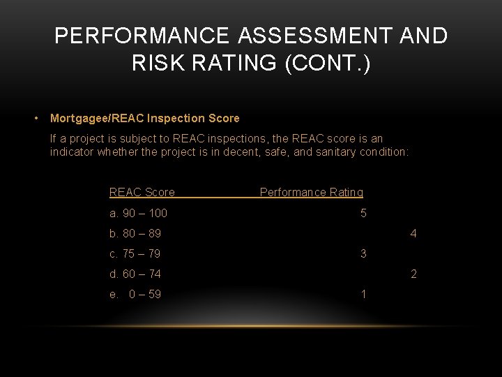 PERFORMANCE ASSESSMENT AND RISK RATING (CONT. ) • Mortgagee/REAC Inspection Score If a project