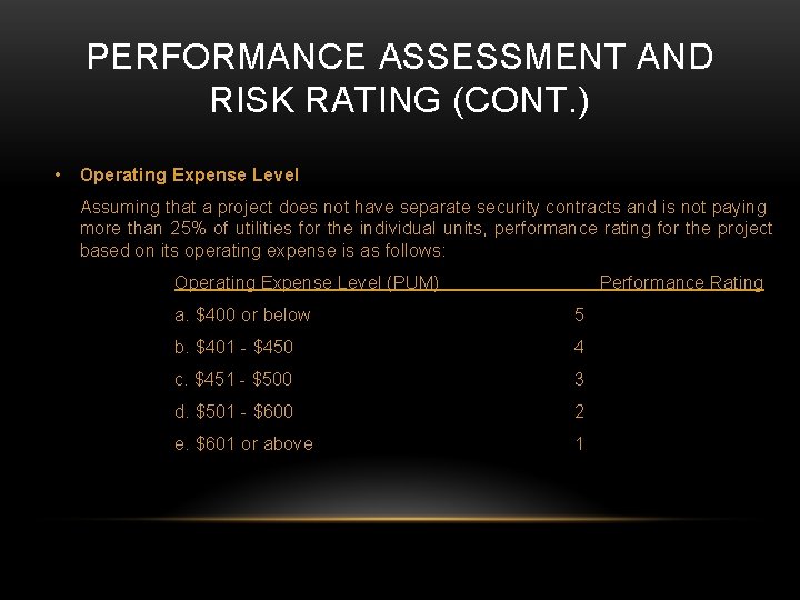 PERFORMANCE ASSESSMENT AND RISK RATING (CONT. ) • Operating Expense Level Assuming that a