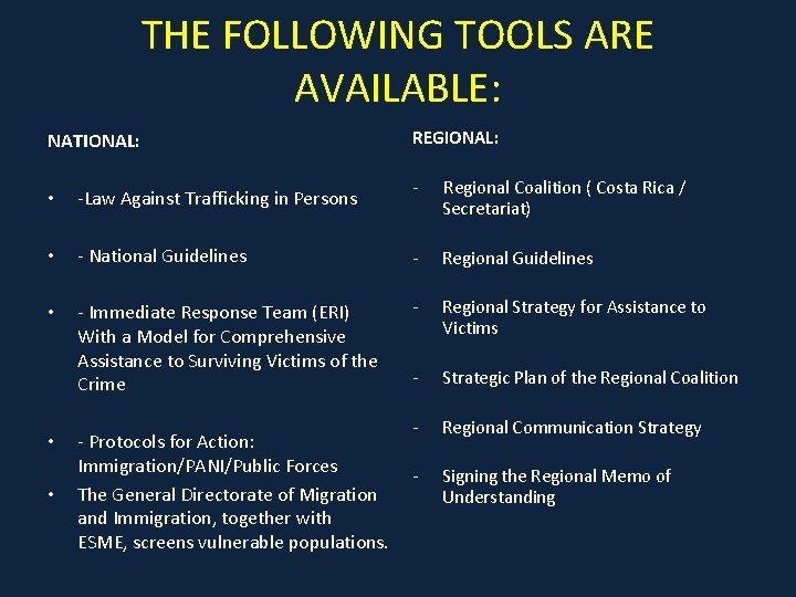 THE FOLLOWING TOOLS ARE AVAILABLE: NATIONAL: - Regional Coalition ( Costa Rica / Secretariat)