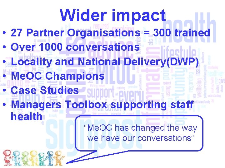 Wider impact • • • 27 Partner Organisations = 300 trained Over 1000 conversations