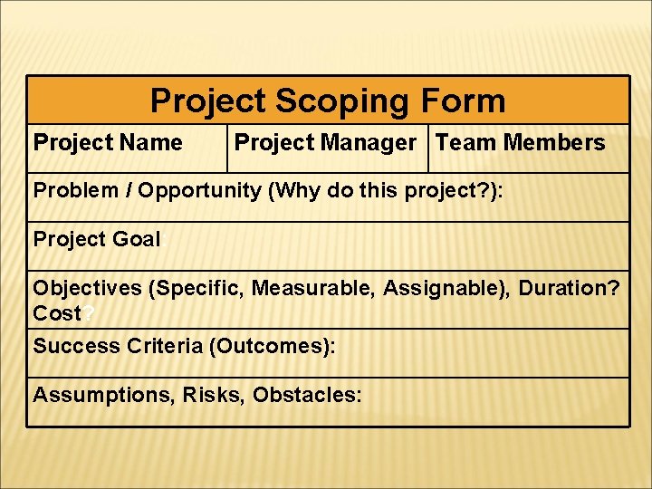 Project Scoping Form Project Name Project Manager Team Members Problem / Opportunity (Why do Project Scoping Form Project Name Project Manager Team Members Problem / Opportunity (Why do