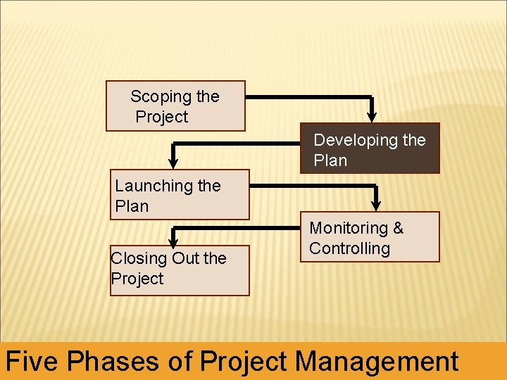 Scoping the Project Developing the Plan Launching the Plan Closing Out the Project Monitoring Scoping the Project Developing the Plan Launching the Plan Closing Out the Project Monitoring