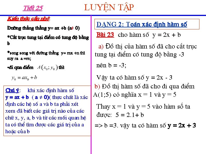 LuyÖn tËp TiÕt 25: KiÕn thøc cÇn nhí: § êng th¼ng y= ax +b