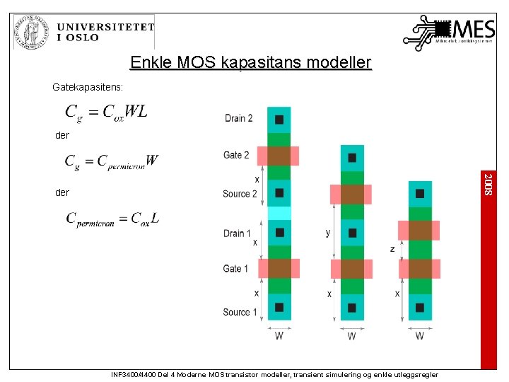 Enkle MOS kapasitans modeller Gatekapasitens: der 2008 der INF 3400/4400 Del 4 Moderne MOS