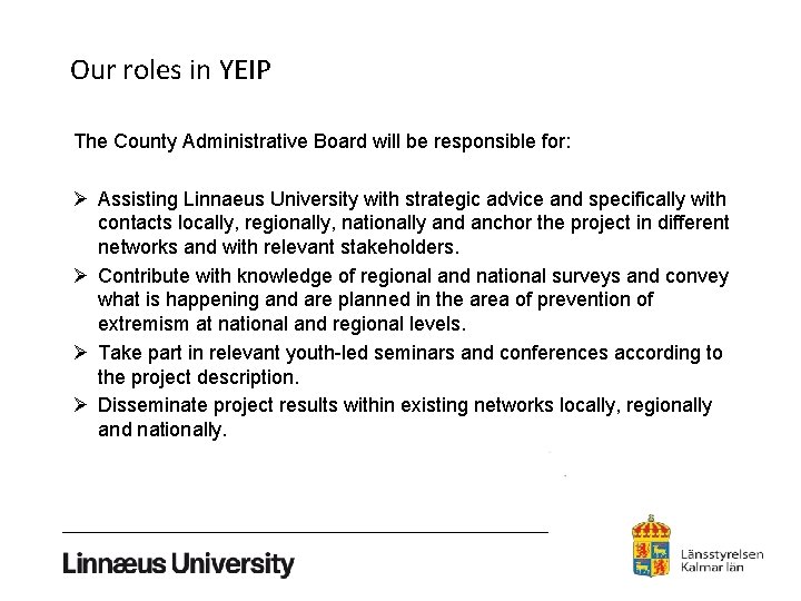 Our roles in YEIP The County Administrative Board will be responsible for: Ø Assisting