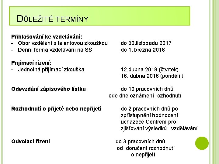 DŮLEŽITÉ TERMÍNY Přihlašování ke vzdělávání: - Obor vzdělání s talentovou zkouškou - Denní forma