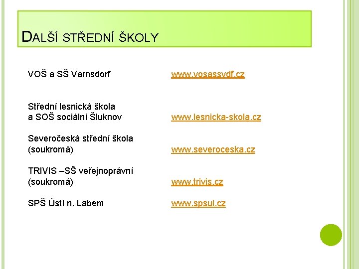 DALŠÍ STŘEDNÍ ŠKOLY VOŠ a SŠ Varnsdorf www. vosassvdf. cz Střední lesnická škola a