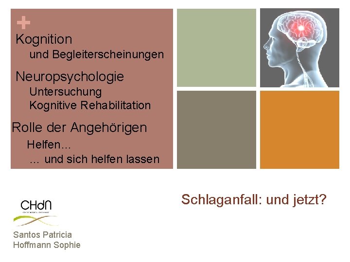 + Kognition und Begleiterscheinungen Neuropsychologie Untersuchung Kognitive Rehabilitation Rolle der Angehörigen Helfen… … und