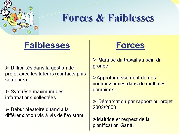 Forces & Faiblesses Ø Difficultés dans la gestion de projet avec les tuteurs (contacts