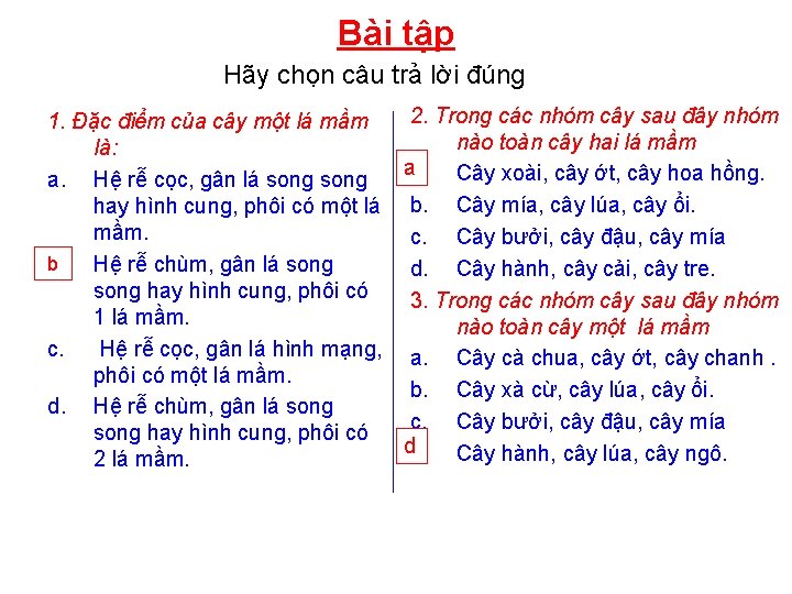 Bài tập Hãy chọn câu trả lời đúng 2. Trong các nhóm cây sau