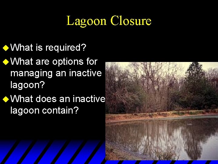 Lagoon Closure u What is required? u What are options for managing an inactive