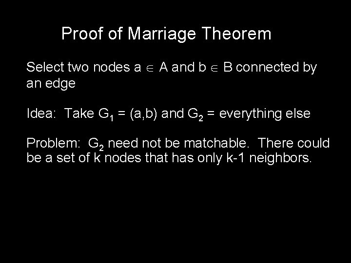 Proof of Marriage Theorem Select two nodes a A and b B connected by