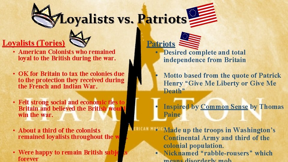 Loyalists vs. Patriots Loyalists (Tories) • American Colonists who remained loyal to the British Loyalists vs. Patriots Loyalists (Tories) • American Colonists who remained loyal to the British