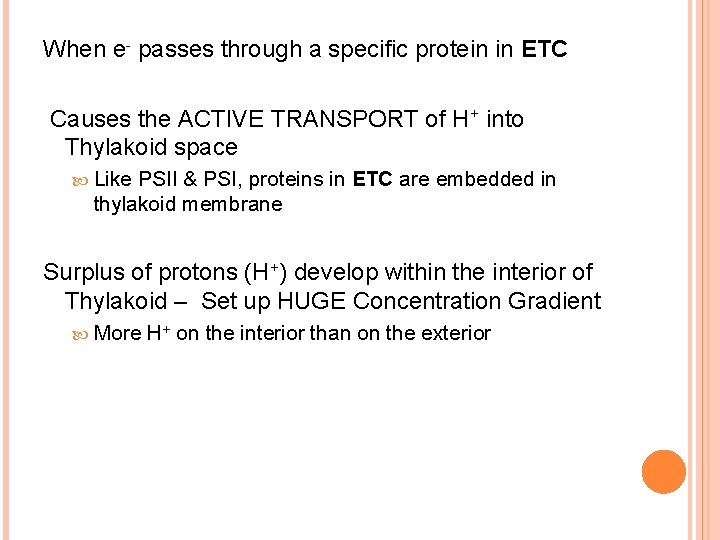 When e- passes through a specific protein in ETC Causes the ACTIVE TRANSPORT of