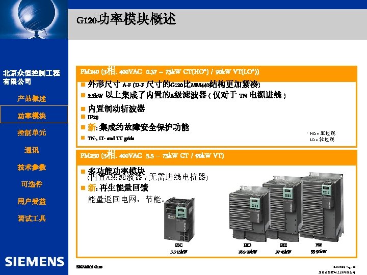 Automation and Drives G 120功率模块概述 北京众恒控制 程 SIEMENS 有限公司 Drive Technology 产品概述 SINAMICS G