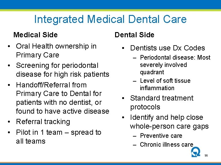 Integrated Medical Dental Care Medical Side • Oral Health ownership in Primary Care •
