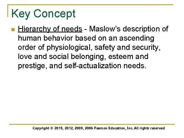 Key Concept n Hierarchy of needs - Maslow’s description of human behavior based on