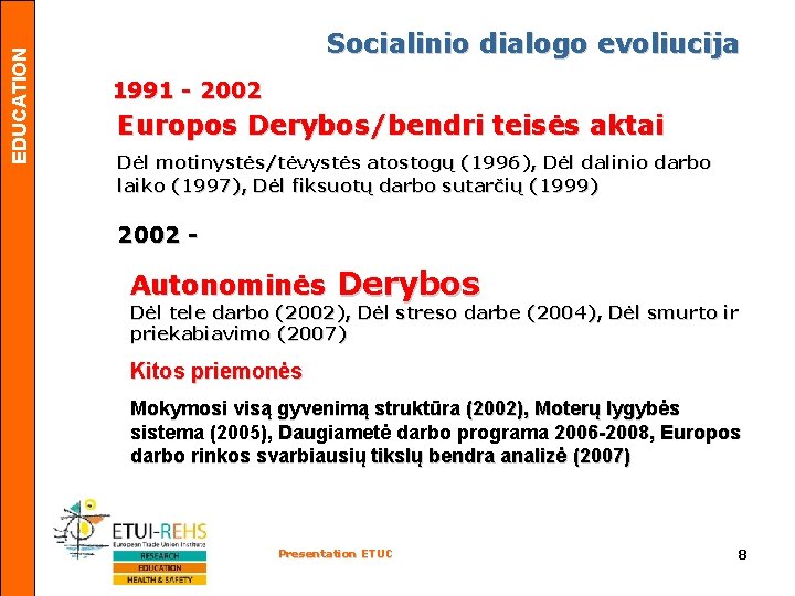 EDUCATION Socialinio dialogo evoliucija 1991 - 2002 Europos Derybos/bendri teisės aktai Dėl motinystės/tėvystės atostogų
