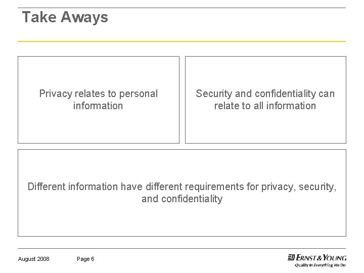 Take Aways Privacy relates to personal information Security and confidentiality can relate to all