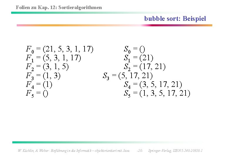 Folien zu Kap. 12: Sortieralgorithmen bubble sort: Beispiel F 0 = (21, 5, 3,