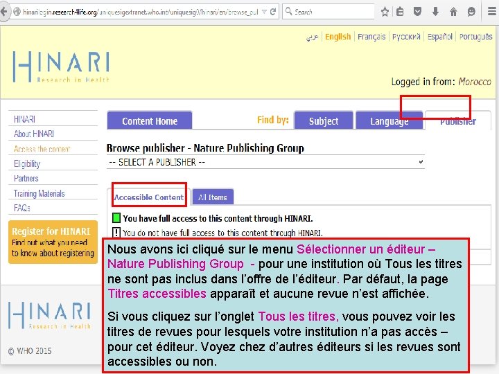 Nous avons ici cliqué sur le menu Sélectionner un éditeur – Nature Publishing Group