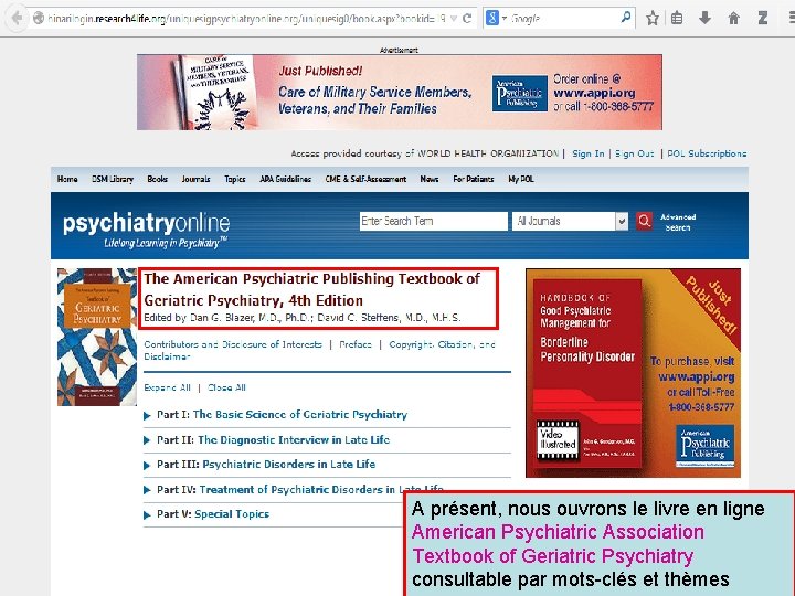 A présent, nous ouvrons le livre en ligne American Psychiatric Association Textbook of Geriatric