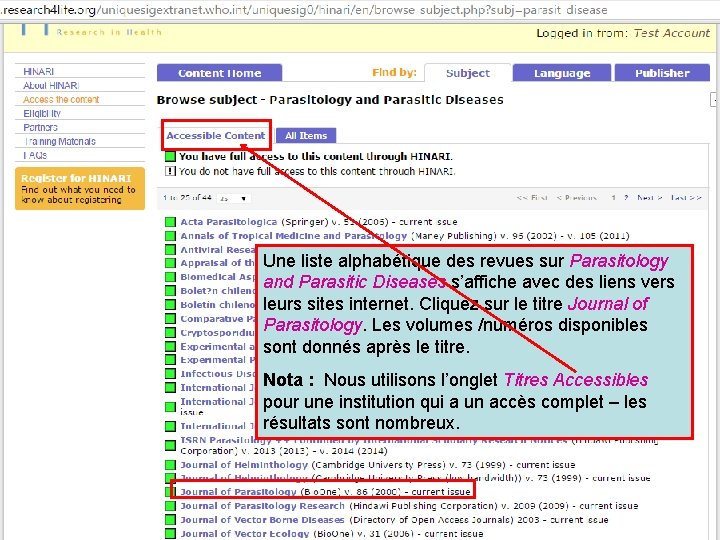 Une liste alphabétique des revues sur Parasitology and Parasitic Diseases s’affiche avec des liens