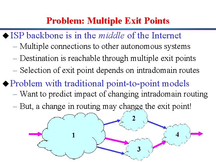 Problem: Multiple Exit Points u ISP backbone is in the middle of the Internet