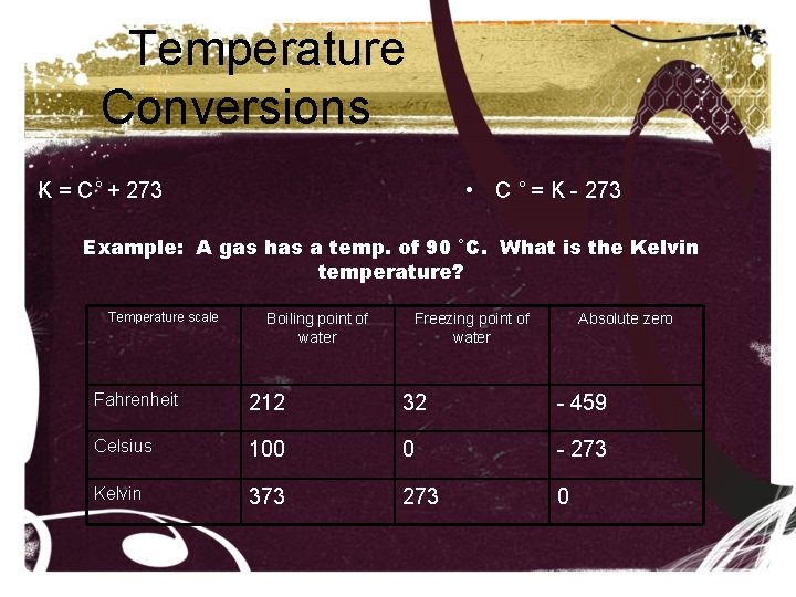 Temperature Conversions • K = C˚ + 273 • C ˚ = K -