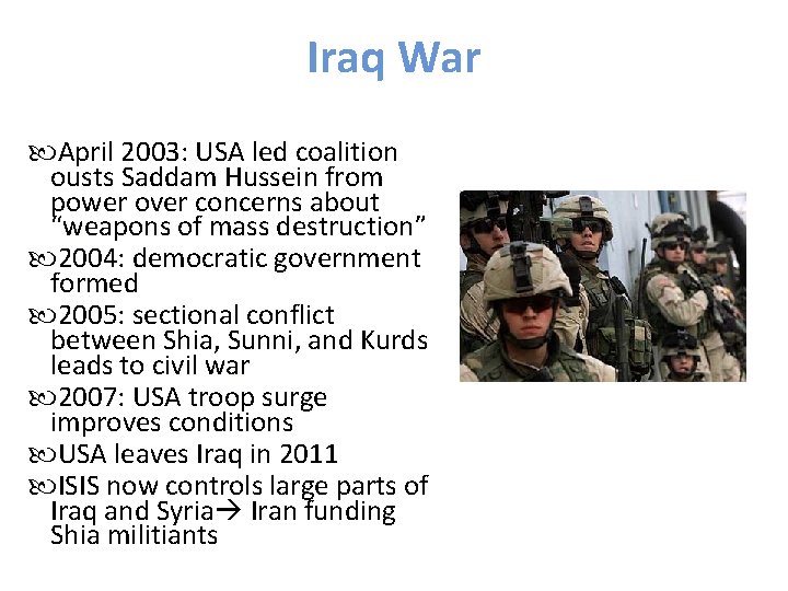 Iraq War April 2003: USA led coalition ousts Saddam Hussein from power over concerns