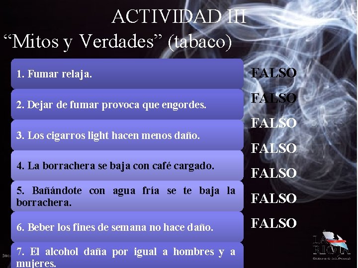 ACTIVIDAD III “Mitos y Verdades” (tabaco) 1. Fumar relaja. FALSO 2. Dejar de fumar