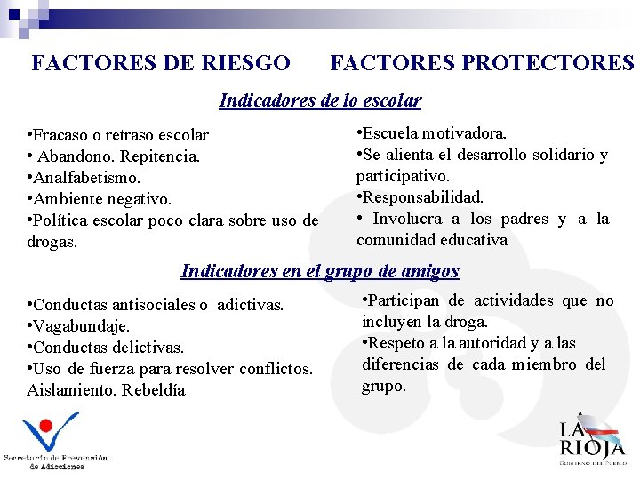 FACTORES DE RIESGO FACTORES PROTECTORES Indicadores de lo escolar • Fracaso o retraso escolar