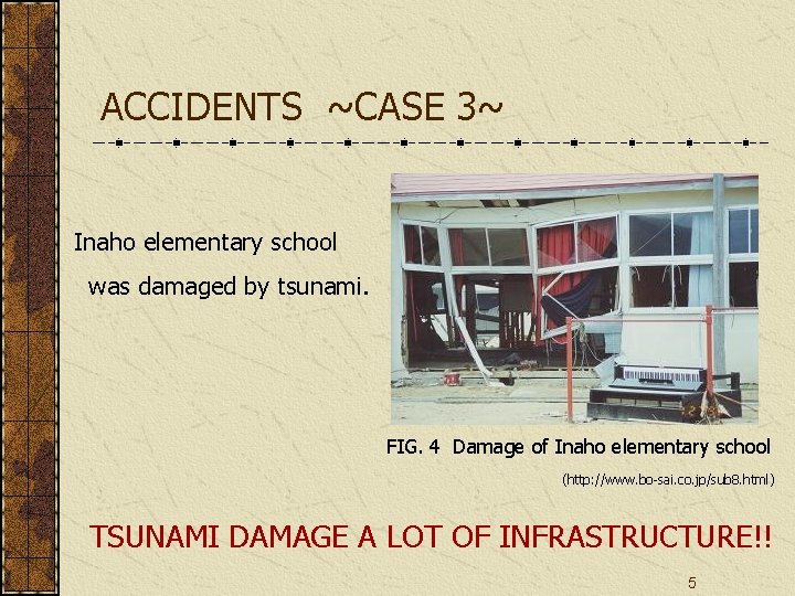 ACCIDENTS ~CASE 3~ Inaho elementary school was damaged by tsunami. FIG. 4 Damage of