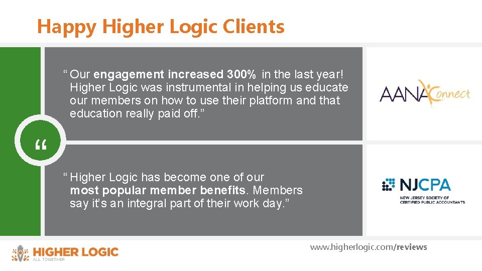 Happy Higher Logic Clients “ Our engagement increased 300% in the last year! Higher