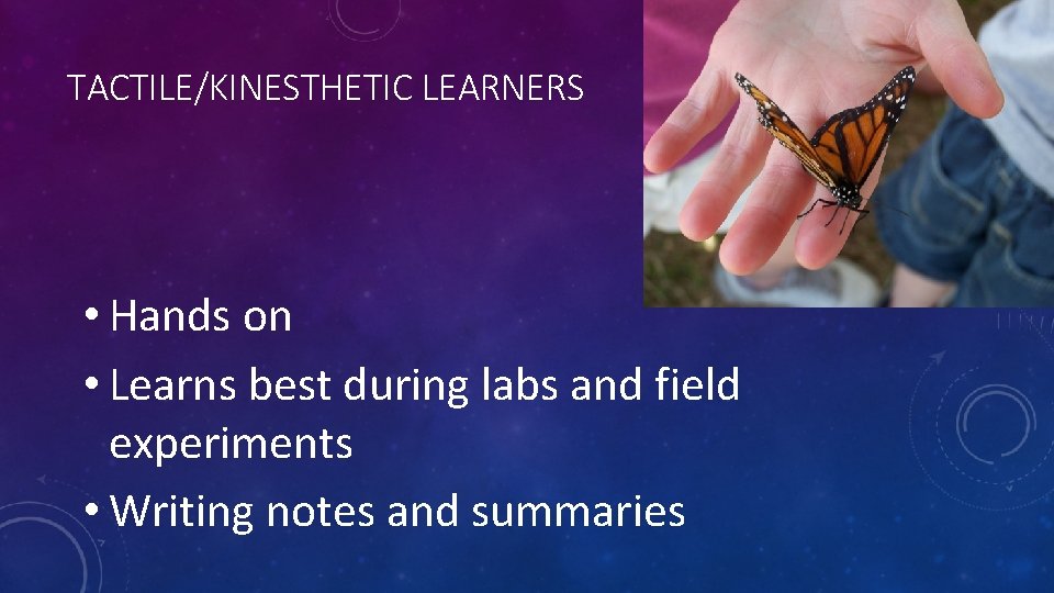 TACTILE/KINESTHETIC LEARNERS • Hands on • Learns best during labs and field experiments •