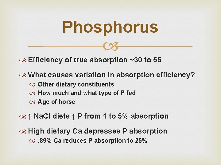 Phosphorus Efficiency of true absorption ~30 to 55 What causes variation in absorption efficiency?