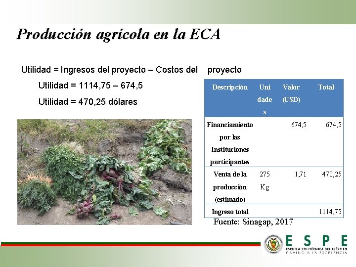 Producción agrícola en la ECA Utilidad = Ingresos del proyecto – Costos del Utilidad