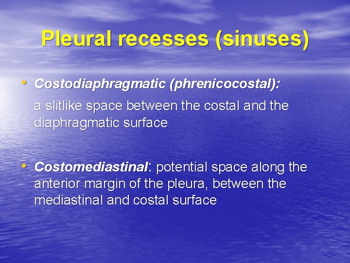 Pleural recesses (sinuses) • Costodiaphragmatic (phrenicocostal): a slitlike space between the costal and the