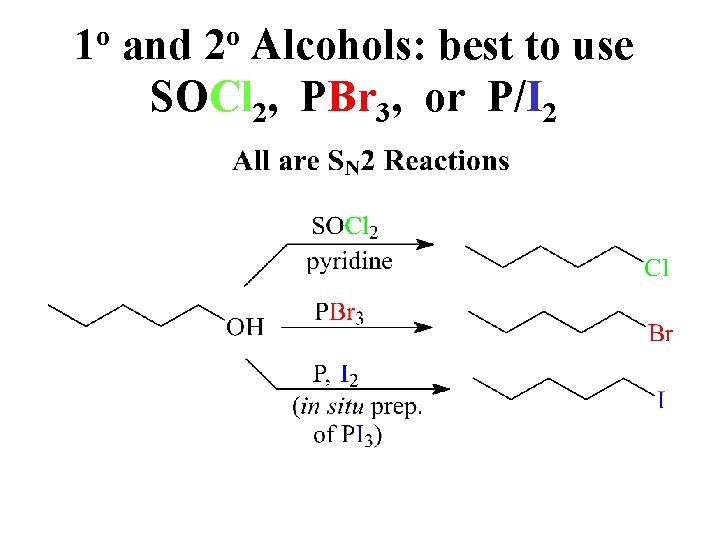 1 o and 2 o Alcohols: best to use SOCl 2, PBr 3, or
