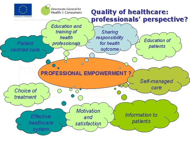 Quality of healthcare: professionals’ perspective? Patient centred care Education and training of health professionals