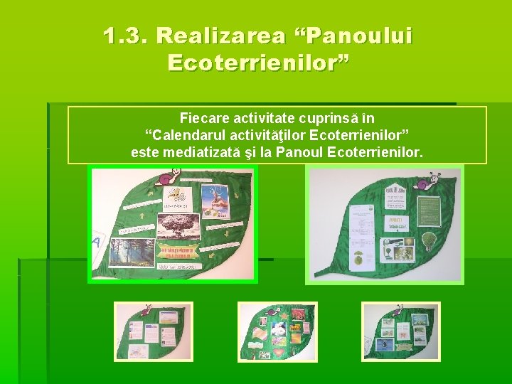 1. 3. Realizarea “Panoului Ecoterrienilor” Fiecare activitate cuprinsă în “Calendarul activităţilor Ecoterrienilor” este mediatizată